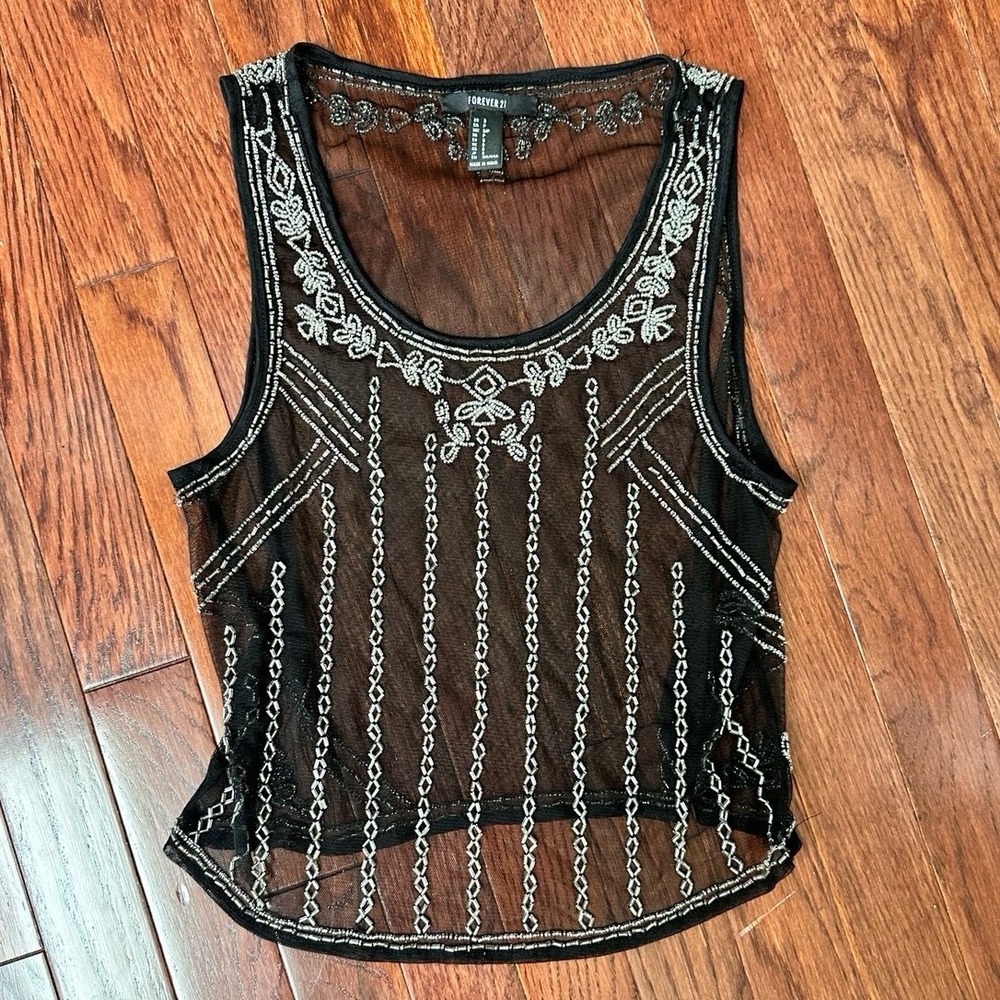 Vintage Y2K 2000s Forever 21 Sheer Beaded Embellished Crop Top Size Small